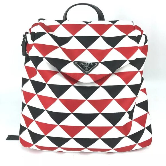 PRADA triangle logo plate Signeau print bag Backpack Nylon Red/White x Black - Picture 1 of 16